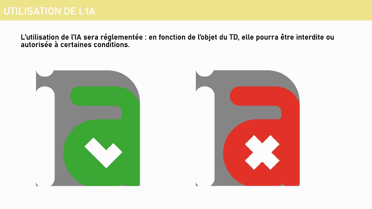 Diapositive 10 — UTILISATION DE L’IA L’utilisation de l’IA sera réglementée : en fonction de l’objet du TD, elle pourra être interdite ou autorisée à certaines conditions.