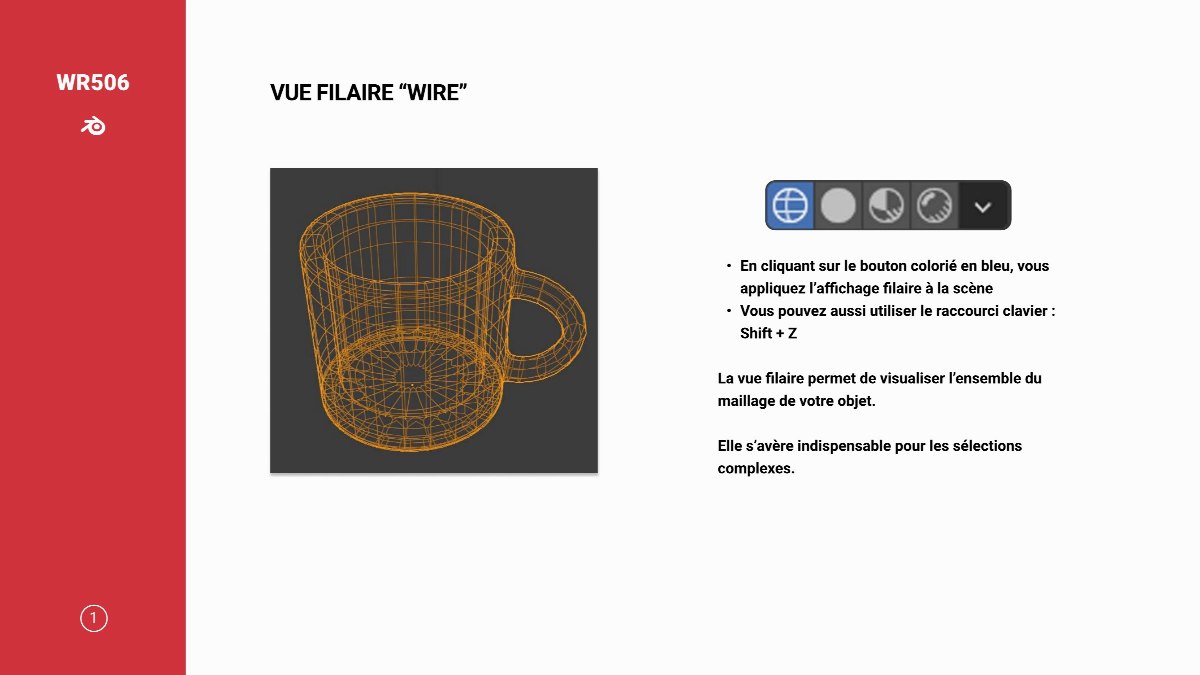 Diapositive 2 — WR506 VUE FILAIRE “WIRE” En cliquant sur le bouton colorié en bleu, vous appliquez l’affichage filaire à la scèn Vous pouvez aussi utiliser le raccourci clavier : Shift + Z La vue filaire permet de visualiser l’ensemble du maillage de votre objet. Elle s’avère indispensable pour les sélections compl