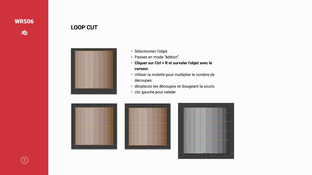 Diapositive 3 — WR506 LOOP CUT Sélectionner l’obje Passez en mode “édition” Cliquer sur Ctrl + R et survoler l’objet avec le curseur Utiliser la molette pour multiplier le nombre de découpes décplacez les découpes en bougeant la souri clic gauche pour valider. 2