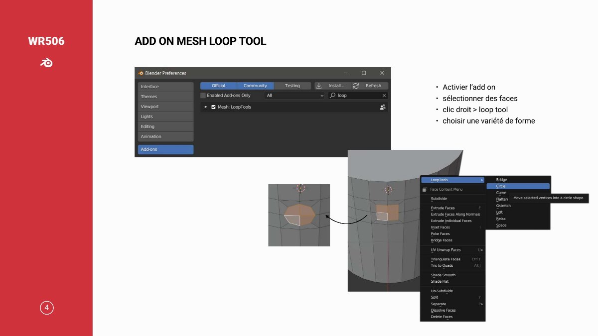 Diapositive 5 — WR506 ADD ON MESH LOOP TOOL Activier l’add o sélectionner des face clic droit > loop too choisir une variété de forme 4