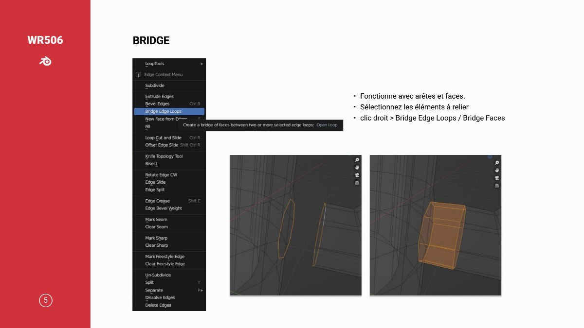 Diapositive 6 — WR506 BRIDGE Fonctionne avec arêtes et faces Sélectionnez les éléments à relie clic droit > Bridge Edge Loops / Bridge Faces 5