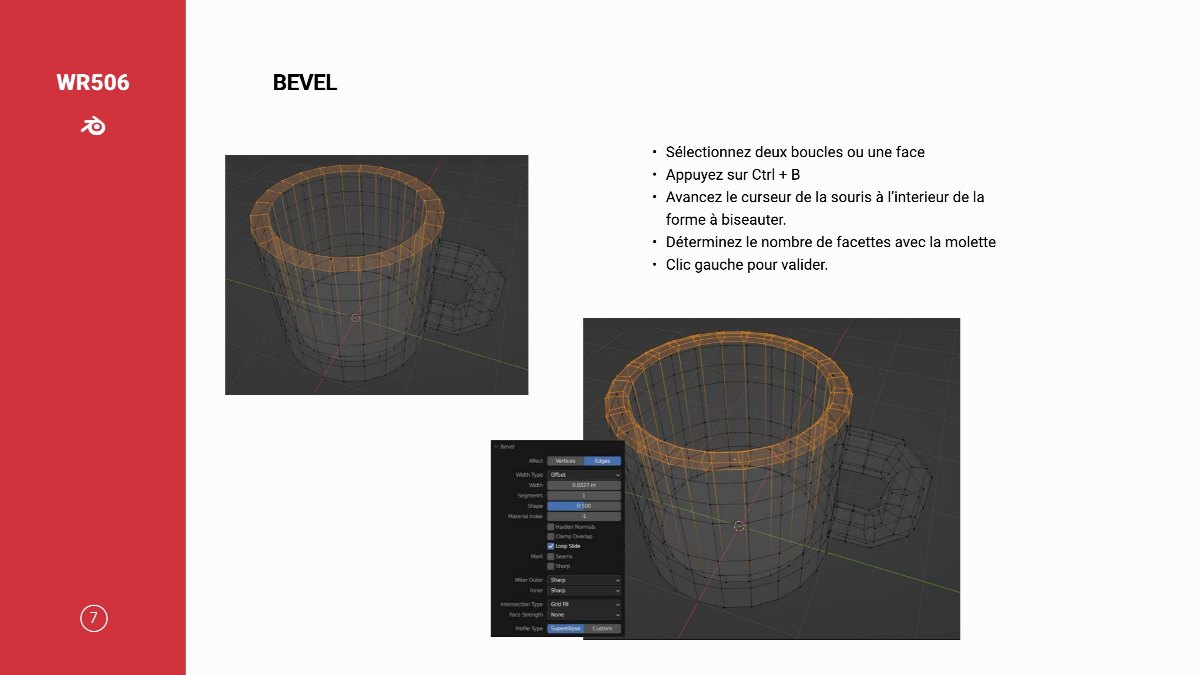 Diapositive 8 — WR506 BEVEL Sélectionnez deux boucles ou une fac Appuyez sur Ctrl + Avancez le curseur de la souris à l’interieur de la forme à biseauter. Déterminez le nombre de facettes avec la molett Clic gauche pour valider. 7