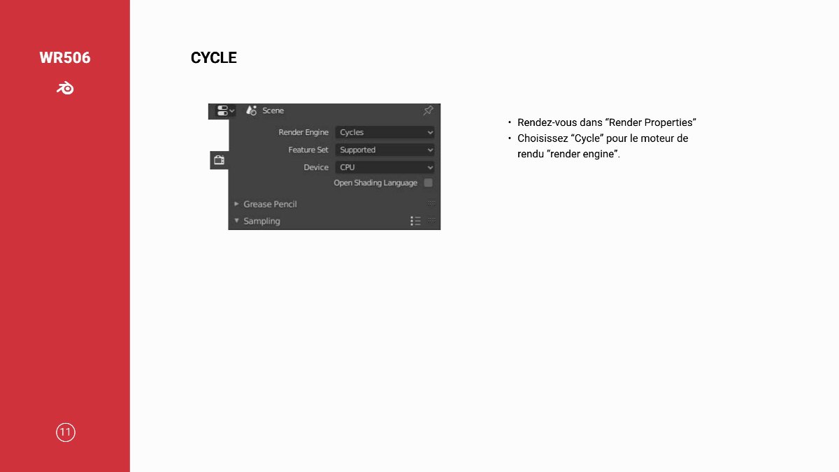 Diapositive 12 — WR506 CYCLE Rendez-vous dans “Render Properties Choisissez “Cycle” pour le moteur de rendu “render engine”. 11