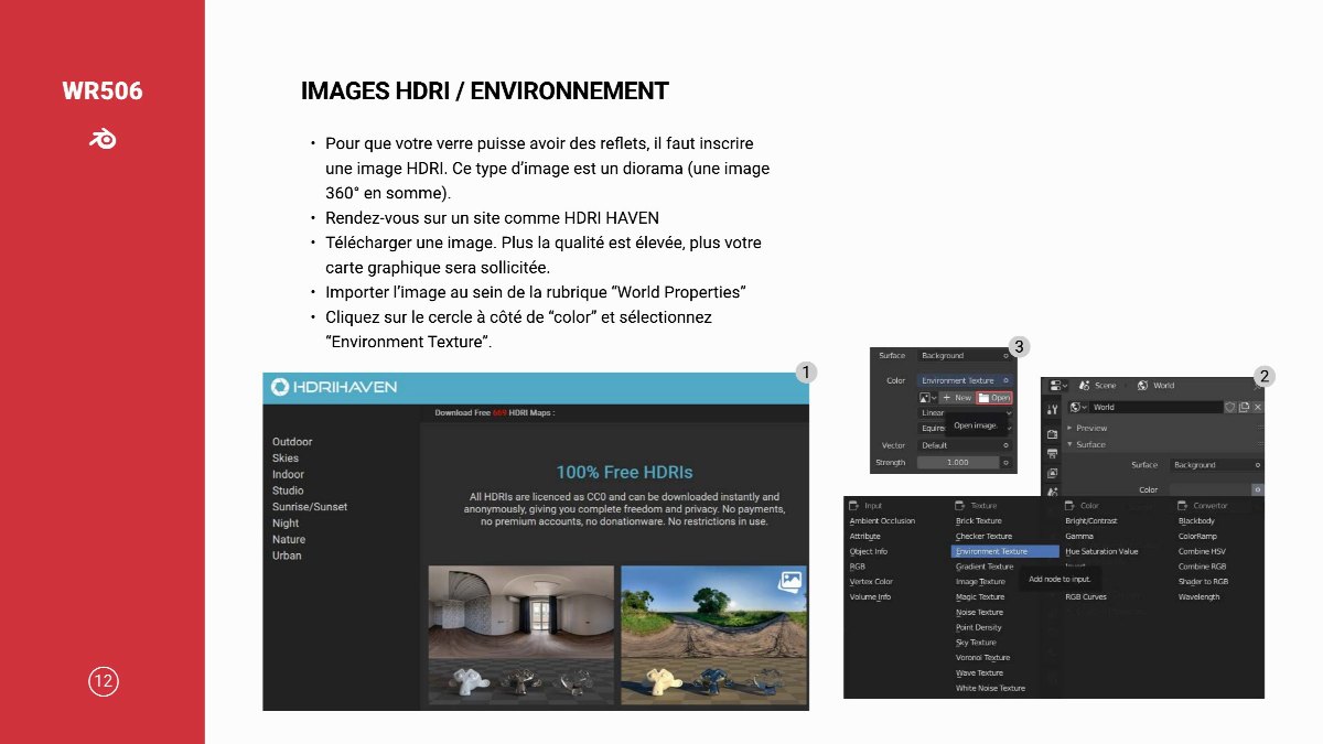 Diapositive 13 — WR506 IMAGES HDRI / ENVIRONNEMENT Pour que votre verre puisse avoir des reflets, il faut inscrire une image HDRI. Ce type d’image est un diorama (une image 360° en somme) Rendez-vous sur un site comme HDRI HAVE Télécharger une image. Plus la qualité est élevée, plus votre carte graphique sera sollic