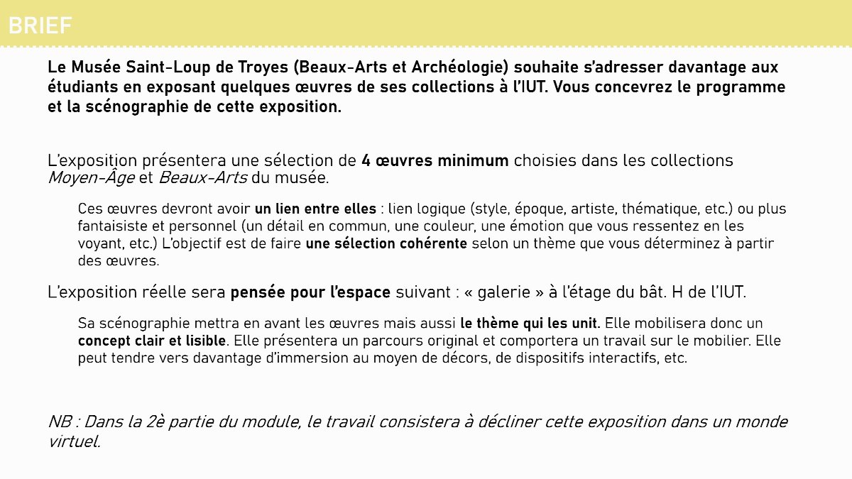 Diapositive 3 — BRIEF Le Musée Saint-Loup de Troyes (Beaux-Arts et Archéologie) souhaite s’adresser davantage aux étudiants en exposant quelques œuvres de ses collections à l’IUT. Vous concevrez le programme et la scénographie de cette exposition. L’exposition présentera une sélection de 4 œuvres minimum choisies d